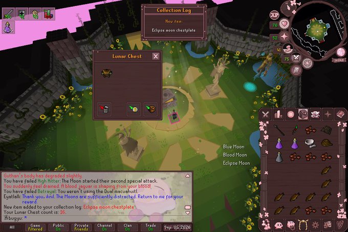A screenshot from a top-down fantasy MMORPG, showing a "Lunar Chest" inventory pop-up over a character in a garden setting, with chat and stats visible.