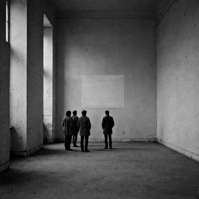 A black-and-white photograph shows four men in suits standing in a large, empty concrete room, looking at a blank white rectangular canvas mounted on the wall.
