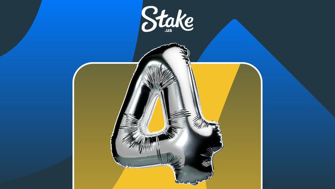 The image features the Stake.us logo and branding with a metallic silver balloon-style letter "A" displayed against a yellow and blue background. It serves as promotional artwork for a giveaway where 10 random followers commenting their Stake US username will receive 400 SC.
