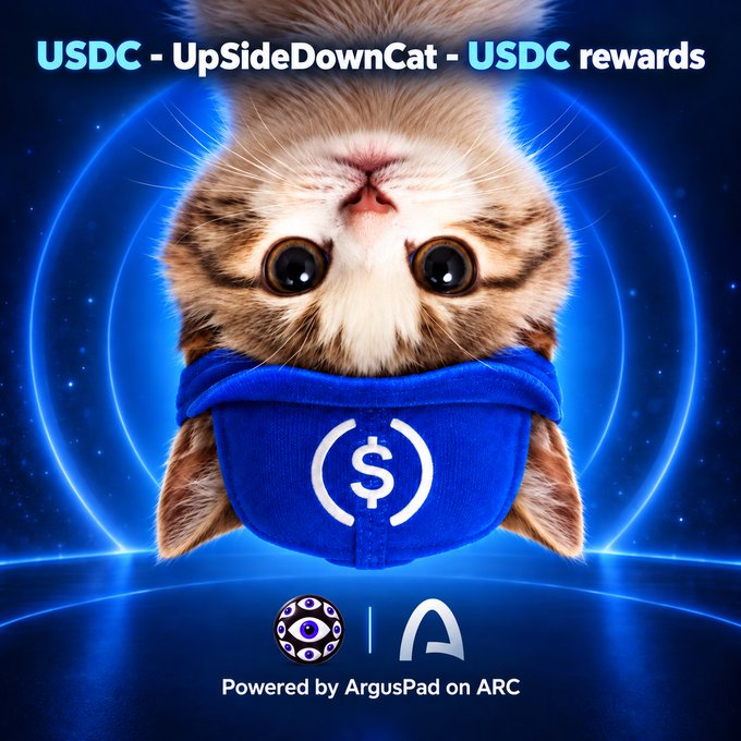 A promotional graphic features an upside-down kitten wearing a blue shirt with a dollar sign logo, accompanied by the text 'USDC - UpSideDownCat - USDC rewards' and 'Powered by ArgusPad on ARC'.