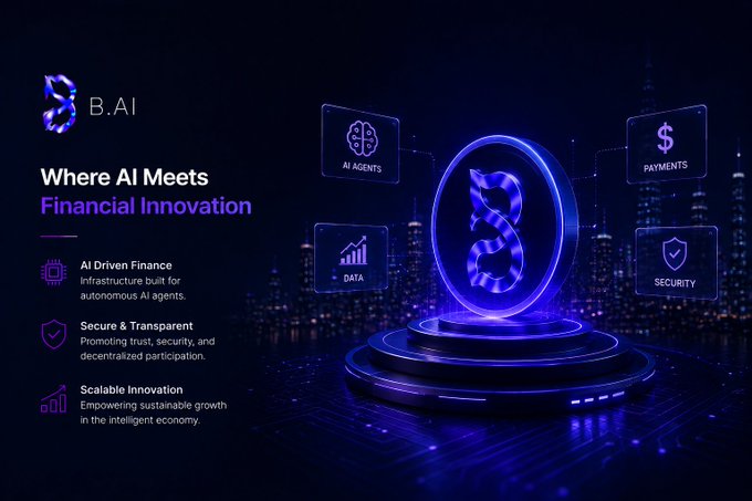 B.AI promotional graphic titled 'Where AI Meets Financial Innovation' highlighting AI Driven Finance, Secure & Transparent, and Scalable Innovation, with icons for AI Agents, Payments, Data, and Security.