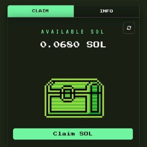A pixel-art style interface showing a crypto wallet screen with "CLAIM" and "INFO" tabs, displaying "AVAILABLE SOL 0.0680 SOL" above a green pixelated wallet icon and a "Claim SOL" button.