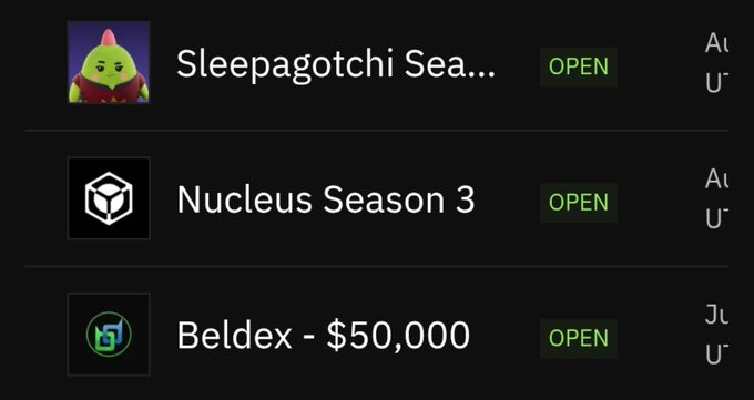 A dark interface lists three open apps or links: 'Sleepagotchi Sea...' with a red character icon, 'Nucleus Season 3' with a cube icon, and 'Beldex - $50,000' with a green logo.