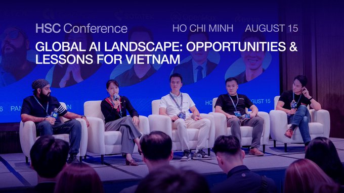 A panel of five speakers sits on white chairs at the HSC Conference in Ho Chi Minh on August 15, discussing the "Global AI Landscape: Opportunities & Lessons for Vietnam," with a large screen behind them displaying event branding and speaker portraits, while an audience watches from the foreground, illustrating the conference's focus on Vietnam's emerging AI potential and production challenges.