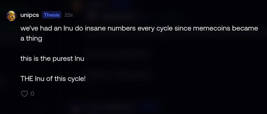 A screenshot of a social media post by user 'unipcs' on 'Thesis' stating 'we've had an lnu do insane numbers every cycle since memecoins became a thing', 'this is the purest lnu', and 'THE lnu of this cycle!'.