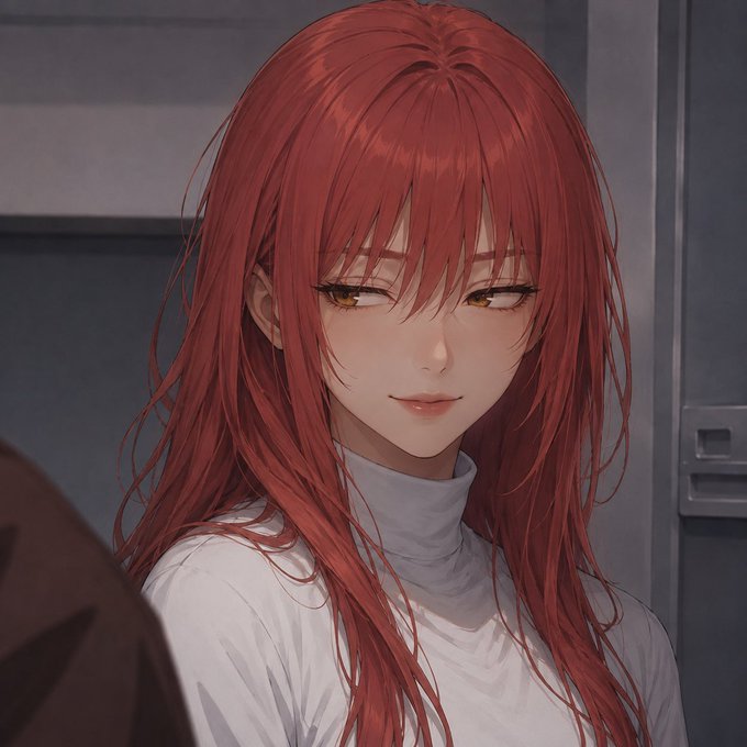An anime-style illustration of a woman with long red hair and amber eyes, wearing a white turtleneck, with a subtle smile.