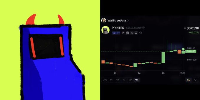 The image shows a blue Among Us character with red devil horns alongside a screenshot of a cryptocurrency price chart for the PRINTER token (symbol "PRINTER", contract "0x85a8...8ac469") showing a value of $0.0136 with a 65.07% increase. The caption relates to the user's excitement about purchasing PRINTER tokens as a good investment opportunity, with the devil-horned character representing their eager anticipation of profit.