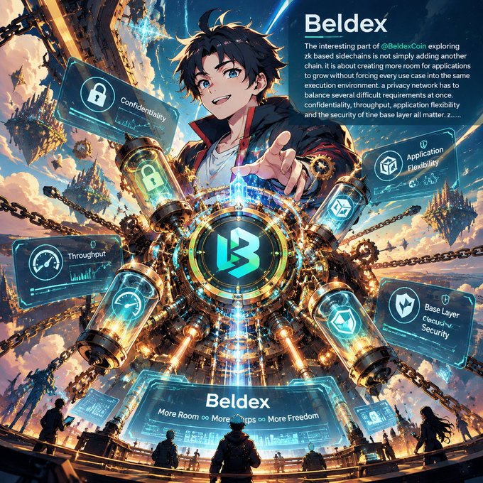Anime-style promotional graphic for Beldex, featuring a smiling character surrounded by floating screens highlighting 'Confidentiality', 'Application Flexibility', 'Throughput', and 'Base Layer Security'.