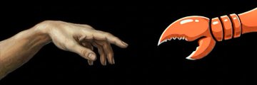The image shows an illustration of two human hands, one appearing as a claw-like figure grabbing at something in the air next to another hand that seems to be touching an orange object which could be a lobster or a toy claw. The caption for this image is "@solana agents can now launch with prebuilt agents @PhoenixTrade strategies fund strategies with creators fees. Autonomous Finance is live.".