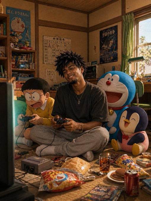 The image shows two people sitting on the floor playing video games with Nintendo Wii controllers. They are surrounded by snacks, including a bag of chips and a box of cookies. A penguin figurine stands nearby, adding to the casual atmosphere. The room also features posters and decorations, creating a cozy gaming environment.