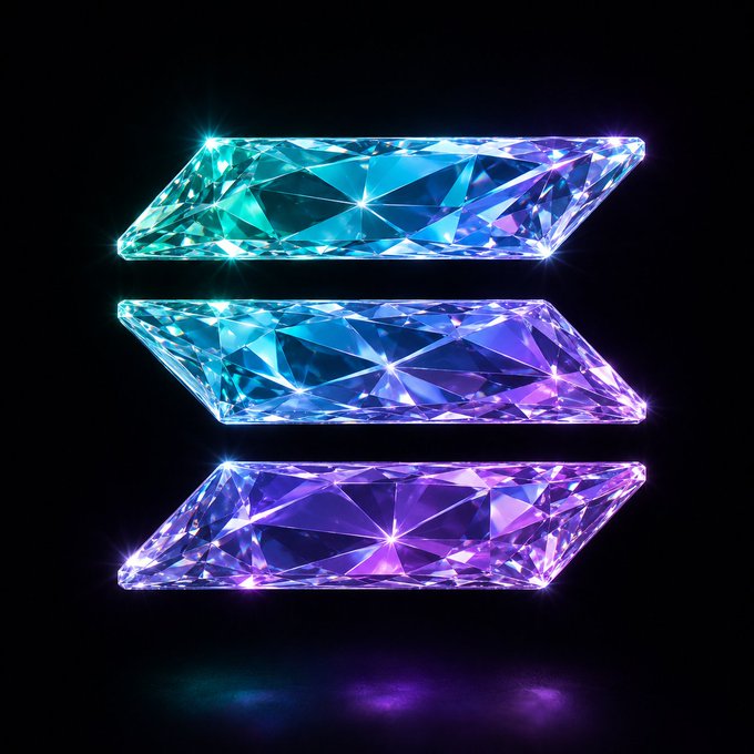 Three stacked, glowing gem-like crystals in teal, blue, and purple hues against a black background, visually representing the colorful and vibrant nature of Solana-themed memes. The image's gem aesthetic aligns with the post's playful tone celebrating the creativity of the Solana meme community.