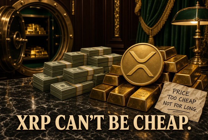 A promotional graphic featuring stacks of cash, gold bars, and a large XRP coin with the text "XRP CAN'T BE CHEAP" and a note reading "PRICE TOO CHEAP NOT FOR LONG."