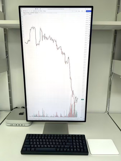 A vertically oriented monitor displays a steep downward-trending stock chart with red candlesticks showing a dramatic price decline, while the accompanying caption "I had to flip my computer to capture the dip" humorously explains the unusual portrait orientation needed to fit the long downtrend on screen.