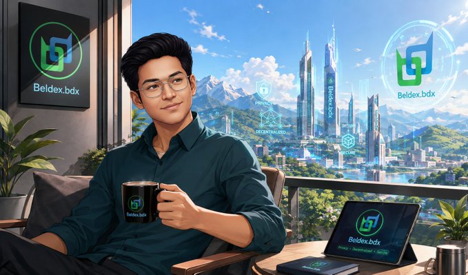 An AI-generated illustration of a young man with glasses holding a 'Beldex.bdx' branded mug, sitting in a modern room with a futuristic city skyline outside and multiple Beldex logos displayed on the wall and a tablet.