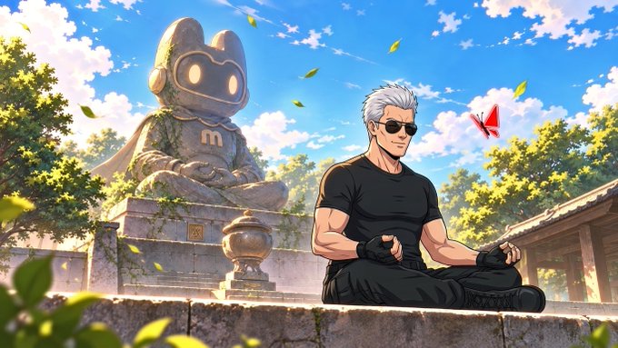 An anime-style illustration of a muscular white-haired man in sunglasses meditating in a lotus position next to a stone statue of a frog-like character wearing headphones with an 'm' on its chest.