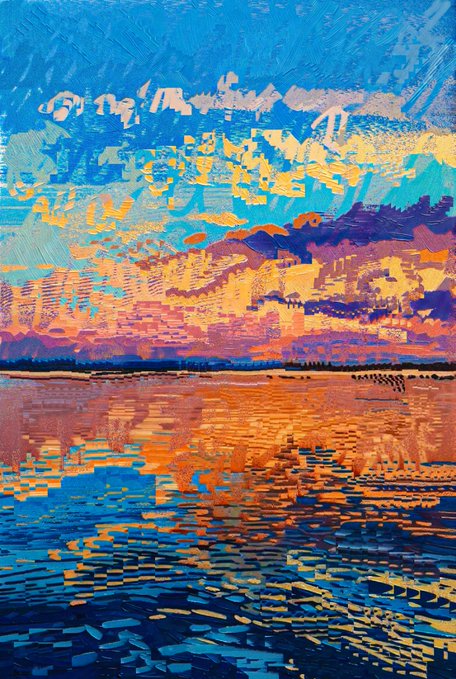 A vibrant digital painting depicts a sunset over water, with bold strokes of blue, orange, pink, and yellow reflecting across the rippled surface beneath a cloudy sky.