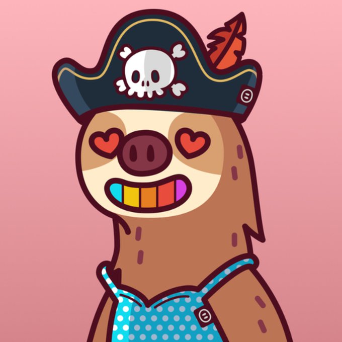 A cartoon sloth wearing a pirate hat with a skull and crossbones, heart-shaped eyes, and a rainbow-colored toothy smile, dressed in a blue polka-dot top.