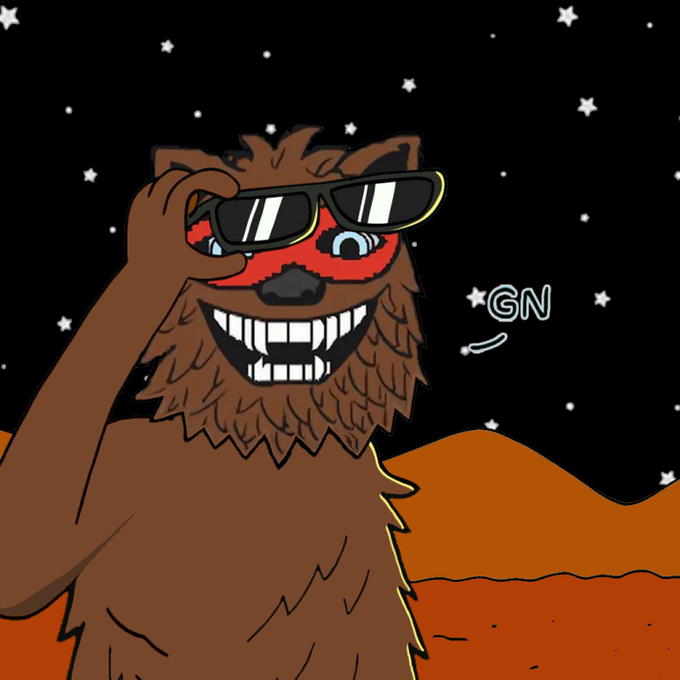 An illustration of a brown, furry character wearing black sunglasses with a red mask, grinning widely against a starry night sky with orange desert dunes in the background. The text "GN" appears with a small smiley face.