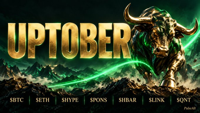 A graphic displays the word 'UPTOBER' in large gold letters next to a charging bronze bull, with crypto tickers including $BTC, $ETH, $HYPE, $PONS, $HBAR, $LINK, and $QNT listed at the bottom.