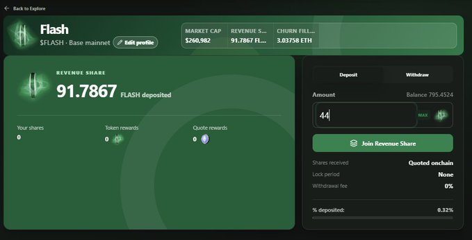 Screenshot of a cryptocurrency DeFi platform interface showing a 'Flash' profile on Base mainnet with a Market Cap of $260,982, displaying a Revenue Share of 91.7867 FLASH deposited and a withdrawal/deposit panel with a balance of 795.4524.