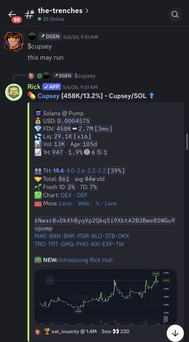 The image shows a screenshot of a conversation between two people, who are discussing cryptocurrency trading. One person has just shared a post that includes information about a pumpfun mascot named Cupsey, which suggests that they have started tracking Cupsey's value or that a meme involving Cupsey might be unfolding in the future. As the conversation progresses and the chat is posted online, it seems likely that Cupsey's worth could rise due to the increasing interest among cryptocurrency traders.
