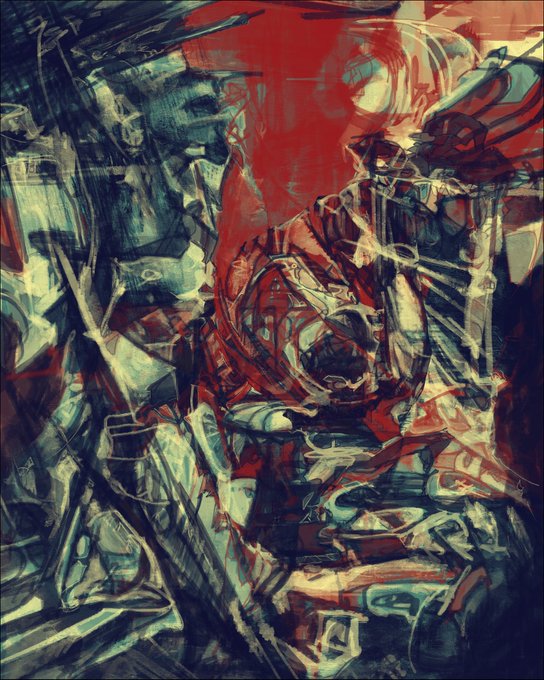 The image features a painting with a red background that has been done using watercolor techniques. The painting depicts an abstract scene of a person's face, which appears to be a mix of black and white colors. The artist has used various brushstrokes and shading techniques to create depth and texture in the artwork.