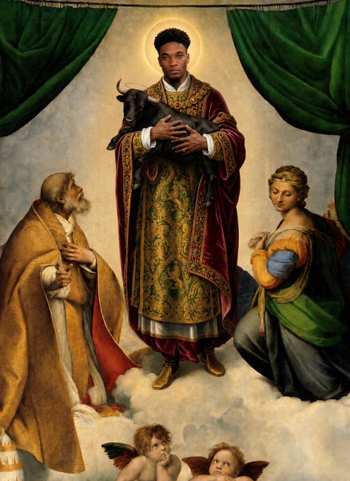 A classical religious painting depicting a Black saint in ornate red and gold robes with a halo, holding a calf, flanked by an older bearded man in yellow robes on the left and a young woman on the right, with cherubs below against a green curtain backdrop.