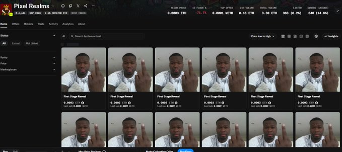 A screenshot of the Pixel Realms NFT marketplace shows multiple listings of identical video thumbnails featuring a person giving a middle finger, priced at various ETH amounts.