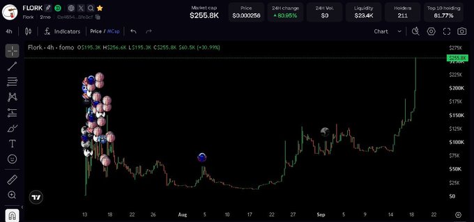 A cryptocurrency price chart for FLORK on a 4-hour interval shows a market cap of $255.8K, price of $0.000256, and a 24h change of 80.95%, with multiple social media-style profile bubbles clustered on the left side of the graph.