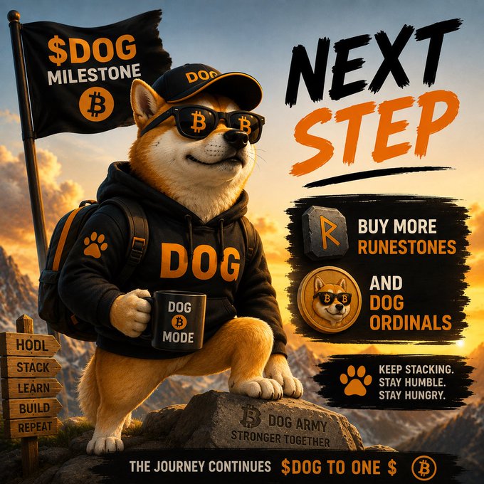 A promotional graphic for '$DOG' cryptocurrency featuring an anthropomorphic Shiba Inu dog wearing sunglasses and a 'DOG' hoodie on a mountaintop, with text promoting 'NEXT STEP: BUY MORE RUNESTONES AND DOG ORDINALS' and '$DOG TO ONE $'.