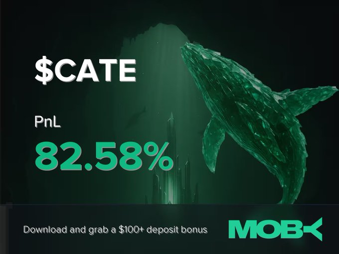 A promotional graphic for Moby features a green crystalline whale alongside bold text displaying "$CATE PnL 82.58%", with a call-to-action banner at the bottom reading "Download and grab a $100+ deposit bonus." The image visually celebrates the 82.58% profit highlighted in the post, reinforcing the whale-shaped Moby branding and the impressive gains from the $CATE trade.