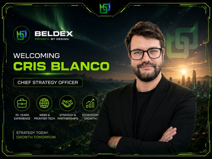 A promotional graphic welcomes Cris Blanco as Chief Strategy Officer at BelDEX, highlighting his 15+ years experience and tagline 'Strategy Today. Growth Tomorrow.'