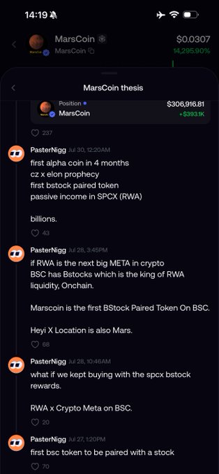The image displays a social media thread titled "MarsCoin thesis" where user "PasterNigg" outlines a vision for $MarsCoin/MarsCoin, claiming it will be the "first alpha coin in 4 months," "first bstock paired token" with "passive income in $SPCX (RWA)," and the "first BStock Paired Token On BSC" tied to BSC's Bstocks (compared to Batocsk on Ethereum). The accompanying post applauds the OP's conviction in buying $MarsCoin and holding despite criticism, referencing his mention of Safemoon as part of his broader crypto advocacy.