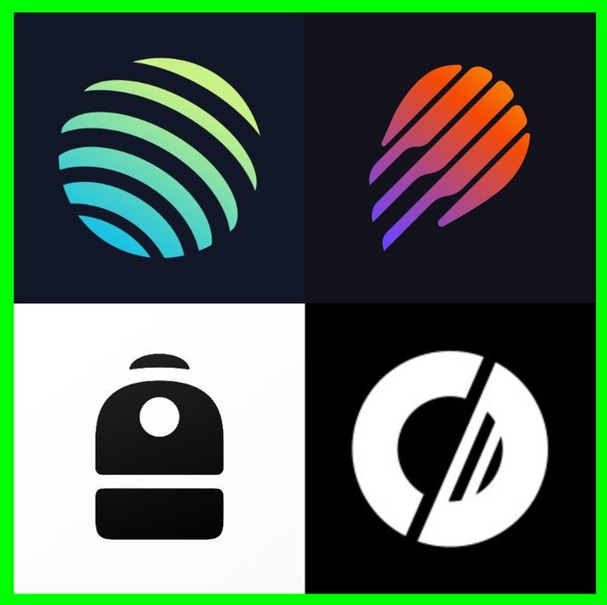 The image features four different logos displayed against a black background, each with its own unique design. The logos include a backpack, a suitcase, a globe, and a circle cutout of an "o" shape. The logos are arranged in a square formation, creating a visually appealing layout that showcases the variety of designs within the collection.