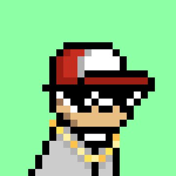 Pixel art character illustration of a boy wearing a red and white cap, sunglasses, and gold chain against a green background.