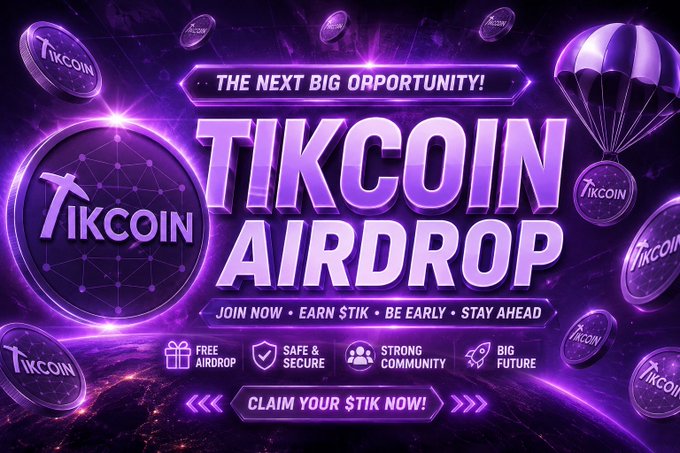 A vibrant purple promotional banner for the TikCoin Airdrop featuring text like "THE NEXT BIG OPPORTUNITY!", "TIKCOIN AIRDROP", "JOIN NOW • EARN $TIK • BE EARLY • STAY AHEAD" and "CLAIM YOUR $TIK NOW!" alongside icons highlighting a free airdrop, safe & secure platform, strong community, and big future. The design aligns with the post's hype around $TIK's upcoming milestones, including the TikWallet launch, new TikCoin app, mining halving, and anticipated exchange listing.