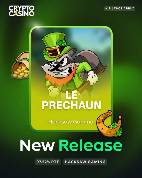 A promotional image from Crypto Casino announces a new slot release, "Le Prechaun" by Hacksaw Gaming, featuring a cartoon leprechaun character with a pot of gold and horseshoe, highlighting a 97.52% RTP and 15,000 max win.