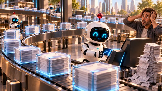 An AI-generated illustration showing a cheerful white robot with a smiling screen face processing stacks of paper on a conveyor belt in a modern office, while a stressed human worker holds his head in his hands nearby.