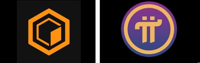 Two cryptocurrency logos are displayed: an orange hexagonal icon on the left and a purple Pi Network logo on the right.