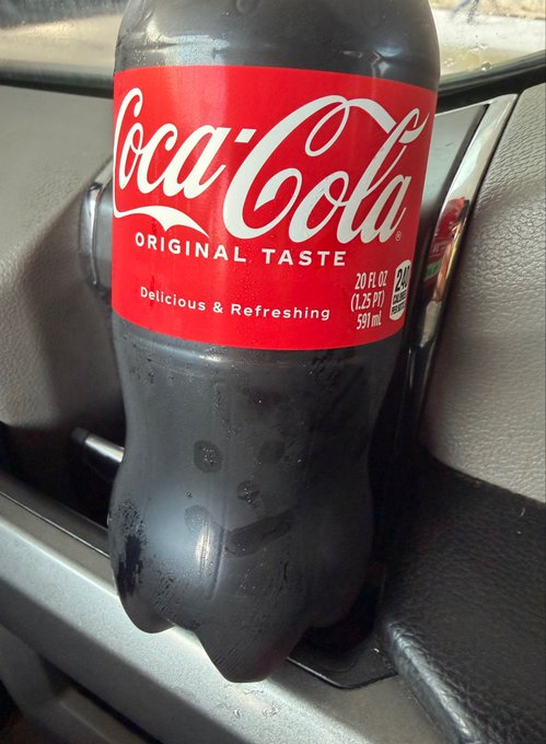A 20 fl oz (591 mL) bottle of Coca-Cola Original Taste sits in a car's cup holder.