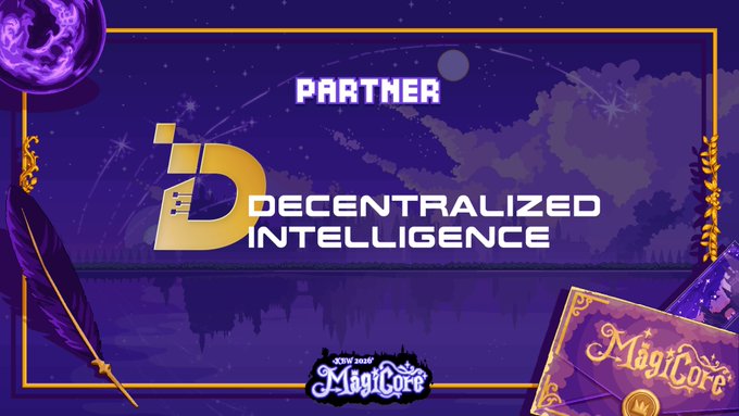 A purple-toned promotional banner announces "PARTNER" alongside the "Decentralized Intelligence" logo featuring a stylized "Di" emblem, with "MAGICORE" branding at the bottom and a spellbook graphic, visually reinforcing the partnership message about merging AI, technology, and decentralization with the MagiCore ecosystem.