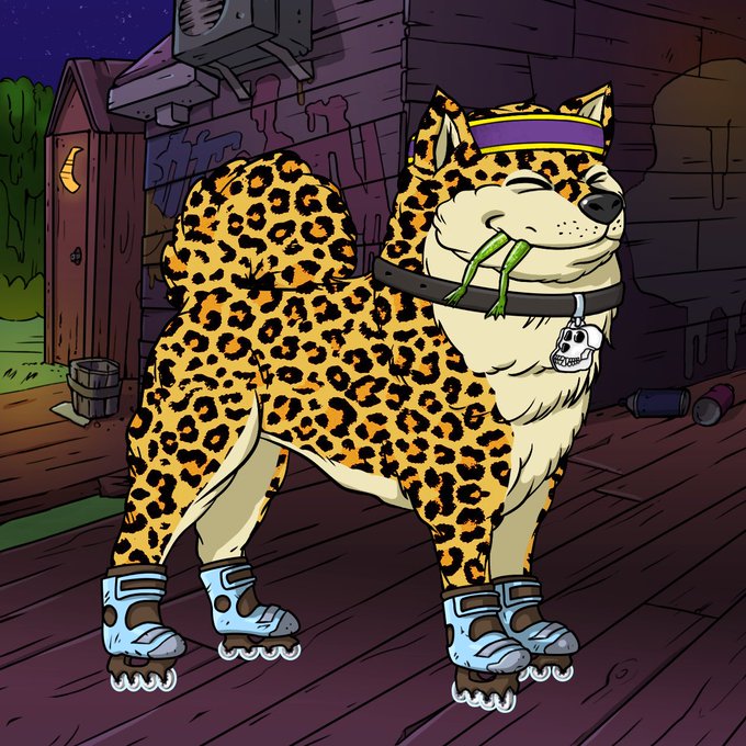 𝕏rz is a cartoon character that appears to be wearing roller skates while standing on a wooden floor, with a dog's head visible above its shoulders.