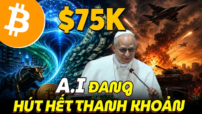 The image features an advertisement for Bitcoin that displays a man speaking at a podium while surrounded by various forms of media, including a bull and a sword. The text above him says "AI is SUCKING UP ALL LIQUIDITY WHILE THE MARKET IS SUDDENLY FACING WAR RISKS". This can be interpreted as the advertisement promoting Bitcoin amidst a chaotic scene with war risks taking place in the market.
