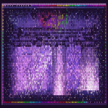 A purple-tinted, abstract digital glitch artwork with pixelated patterns and a colorful border.