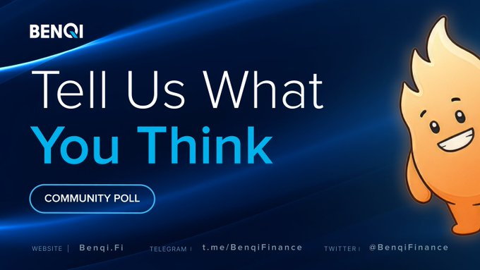 Benqi (BENQI) community poll graphic reading 'Tell Us What You Think' with the website Benqi.Fi, Telegram t.me/BenqiFinance, and Twitter @BenqiFinance.