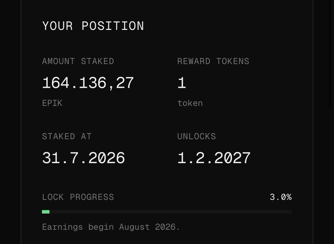 A dashboard displays a staking position showing 164,136.27 EPIK tokens staked at 31.7.2026 with an unlock date of 1.2.2027, currently at 3.0% lock progress with earnings beginning August 2026. This illustrates the user's softlock of $EPIK tokens for rewards, as referenced in the post about supporting $educkcoin.