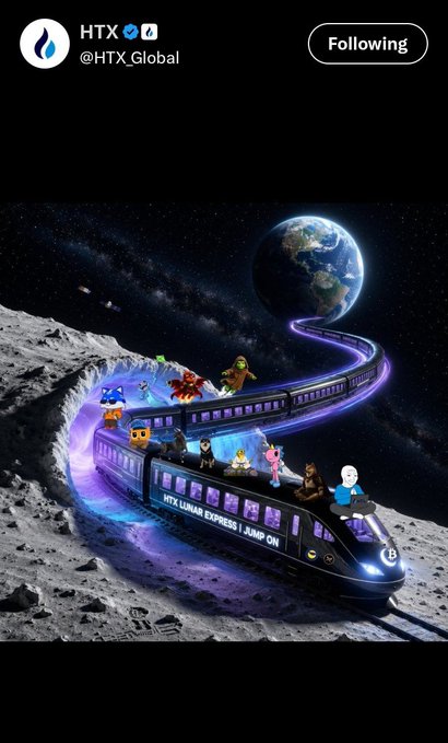A tweet by HTX (@HTX_Global) featuring a sci-fi illustration of a futuristic 'HTX LUNAR EXPRESS' train traveling along a glowing track from the moon toward Earth, carrying various cartoon characters including a dog, cat, bear, and astronauts.