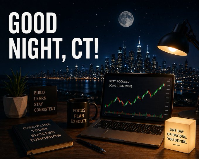A motivational 'GOOD NIGHT, CT!' image featuring a desk with a laptop showing a green candlestick chart, motivational books/plaques reading 'BUILD LEARN STAY CONSISTENT', 'FOCUS PLAN EXECUTE', 'DISCIPLINE TODAY SUCCESS TOMORROW', and a lamp reading 'ONE DAY OR DAY ONE YOU DECIDE.' against the NYC skyline.