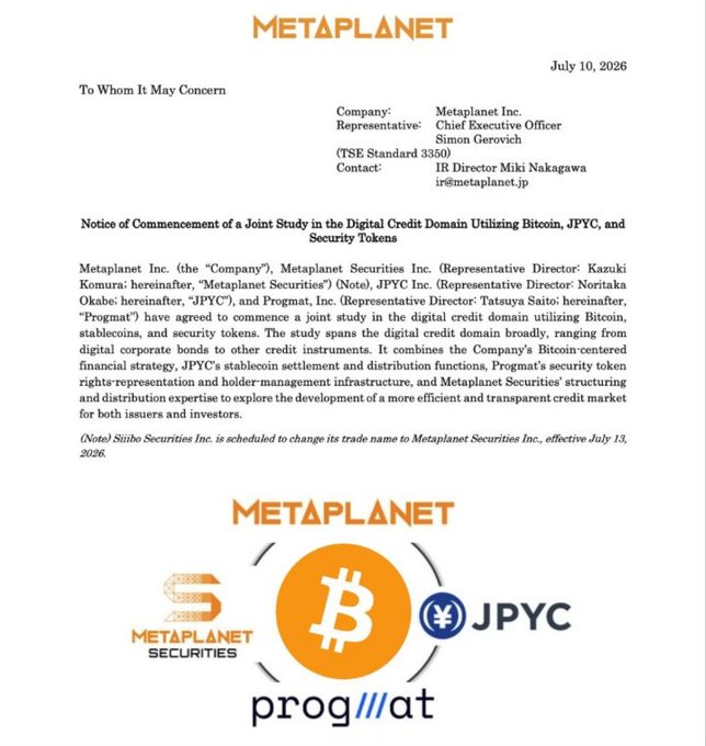 The image is an official Metaplanet Inc. announcement dated July 10, 2026, titled "Notice of Commencement of a Joint Study in the Digital Credit Domain Utilizing Bitcoin, JPYC, and Security Tokens," detailing a partnership between Metaplanet (CEO Simon Gerovich, IR Director Miki Nakagawa), Metaplanet Securities, JPYC Inc., and Progmat Inc. to explore Bitcoin-backed financial products, with logos of all four collaborating companies displayed at the bottom.

This announcement visually supports the post's claim about Japan's emerging Bitcoin-backed finance sector, as it shows the formal corporate collaboration between these firms—including a notable rebranding note that "Shibo Securities Inc. is scheduled to change its trade name to Metaplanet Securities Inc., effective July 13, 2026."