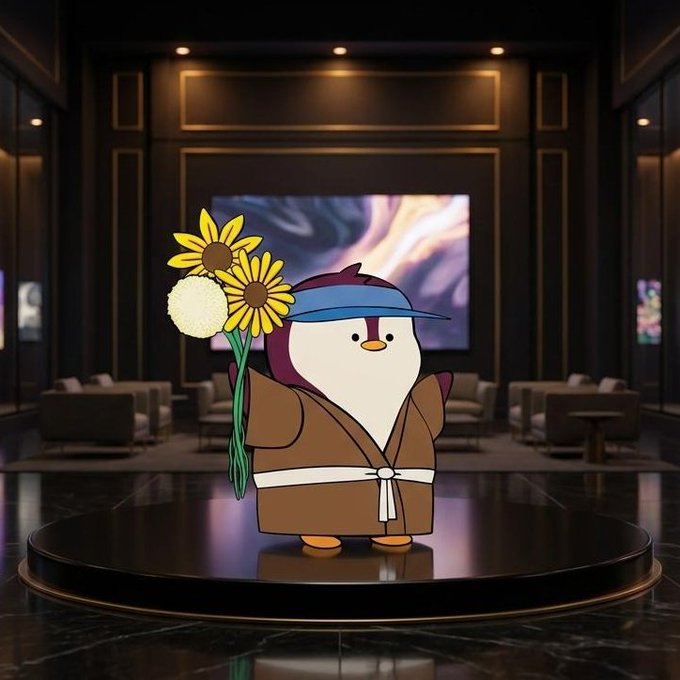 A cartoon penguin character wearing a blue visor, brown robe, and holding yellow sunflowers, standing on a stage in a dimly lit, elegant room.